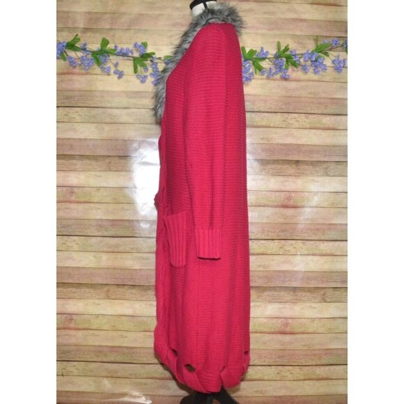 Jamie Gries Hot Pink Chunky Duster Cardigan Sweater Plus Size 1X Faux Fur Collar - Picture 8 of 12